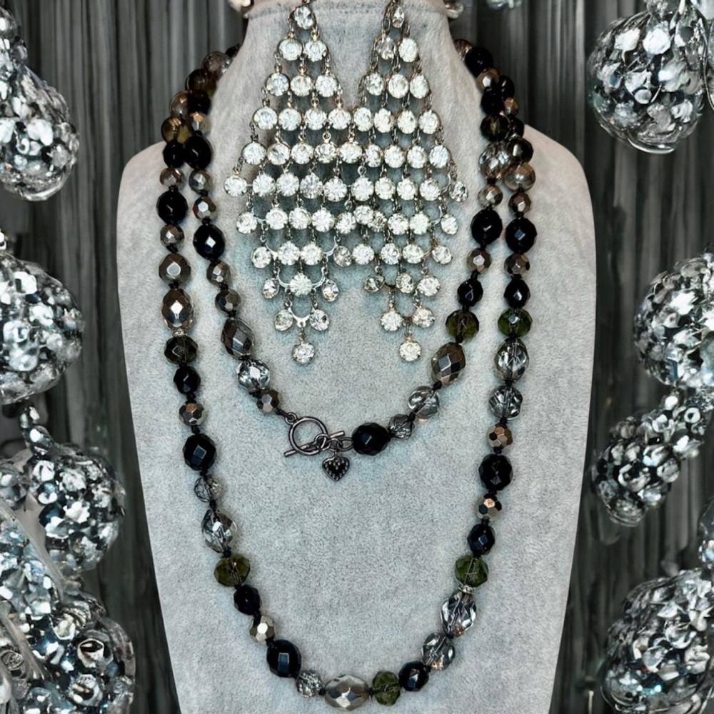 Vintage Glass Beaded Necklace 38”, Vintage Rhinestone Earrings 4”